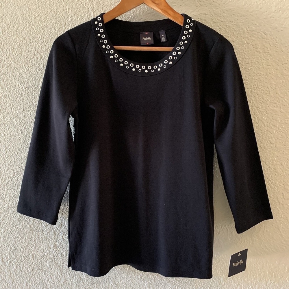 NWT Rafaella Women's Sz Medium Black Sequin Accented 3/4 Sleeve 100% Cotton Top